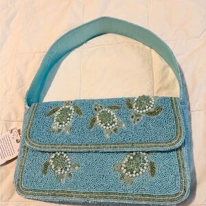 Sea Turtle Beaded Bag Coastal Beach Purse Blue Ocean Shoulder Handbag